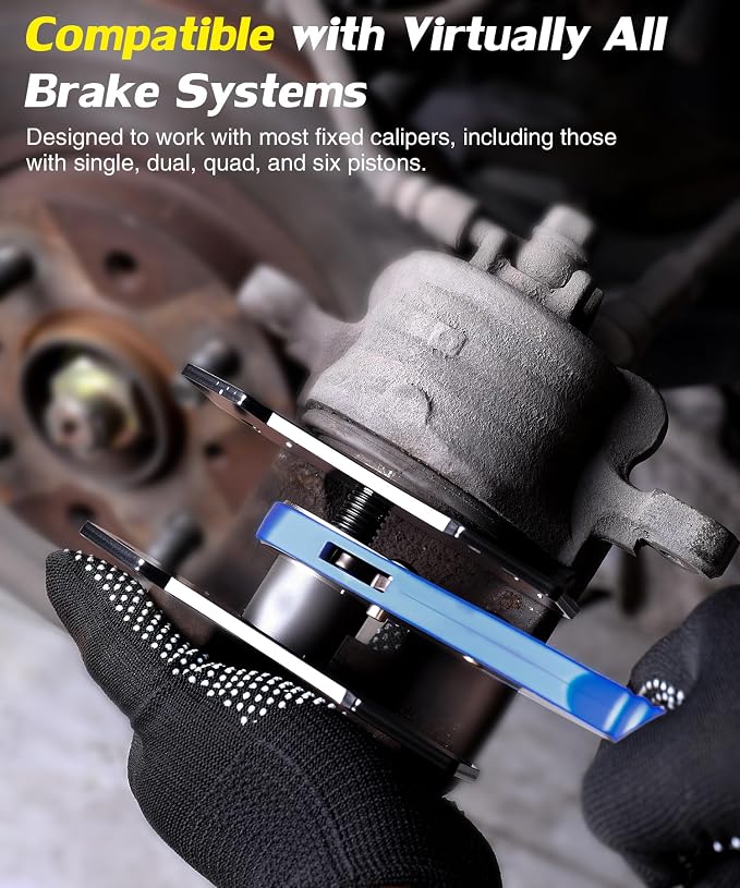 Brake Caliper Compression Tool,360° Swing Ratchet Switch With Additional 2 pcs Large Steel Plate and 2 Hooks&Nylon Grip Work Gloves for Single/Twin/Quad Piston,Disc Brake Repair/Car,Truck,SUV(Blue)