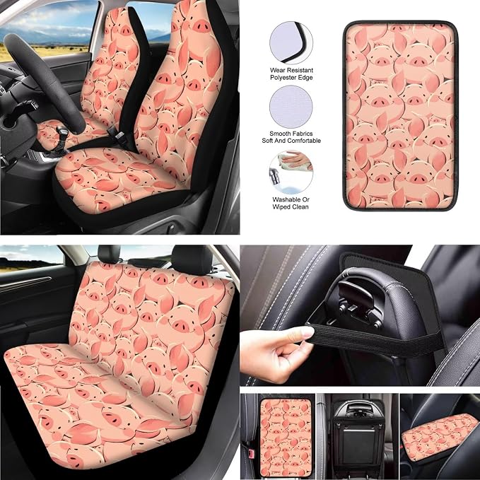 13 Pack Pink Pig Car Seat Covers, Cute Pigs Pattern Universal Driver Seat Cover Protector, Automotive Durable Interior Accessories Cup Holder Coaster