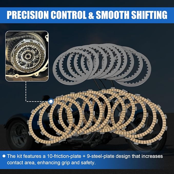 19pcs Twin Cam Extra Plate Friction Steel Clutch Kit Compatible with Harley Davidson Touring, Softail, Dyna, Trike twin cam models 99-17,Evolution 1340 models 98-99 Replace#37980-10