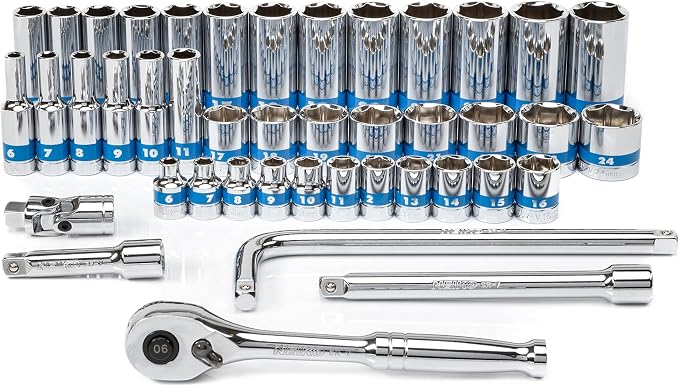 NEIKO 02512A 3/8” Drive Socket Set with Quick Release Ratchet (90 Tooth), 43 Piece Standard and Deep Metric Sizes, 6mm to 24mm, 6 Point, Universal Joint, 3/8” Extension Bars, CR-V Steel (Pack of 4)