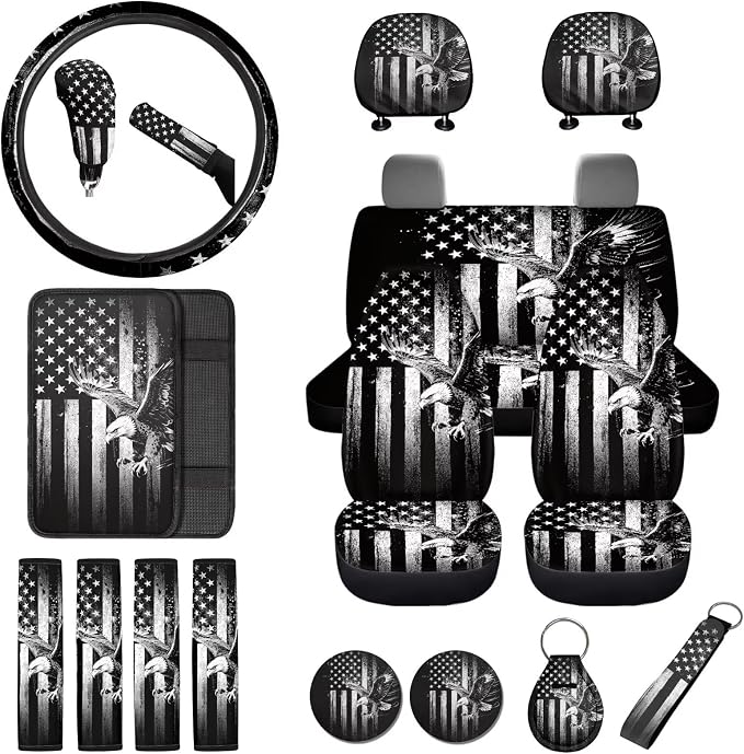 Eagle Print Automotive Seat Covers Full Set of 18 American Flag Print Car Front Rear Seat Covers with Steering Wheel Cover Headrest Protectors Safety Belt Pads Keychain