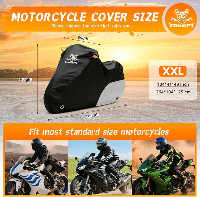 Motorcycle Cover Waterproof All Season Outdoor Protection, Fits up to 104 Inch, Compatible with Cruisers & Touring Models, with Locking Holes & Reflective Strips (Black&Silver)