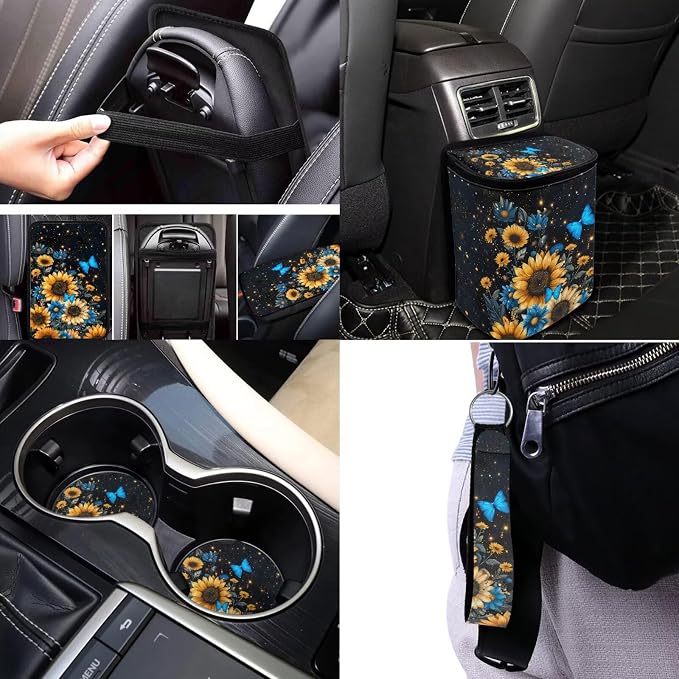 17 Pieces Butterfly Car Seat Covers Full Sets with Sunflower Universal Car Aaccessories,Butterflies Car Interior Set with Vehicle Trash Bag,Steering Wherl Cover,Seat Belt Shoulder Pad