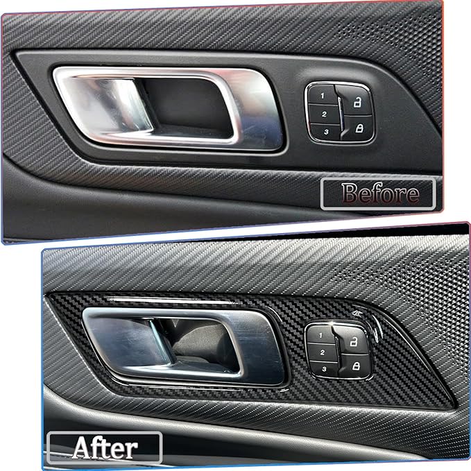 Inner Door Handle Cover，for Ford Mustang 2024-2026 / Shelby GT350 2015-2020 / GT500 2020-2022，ABS Carbon Fiber Decal Interior Trim Cover Accessories (with Memory seat Button Style)