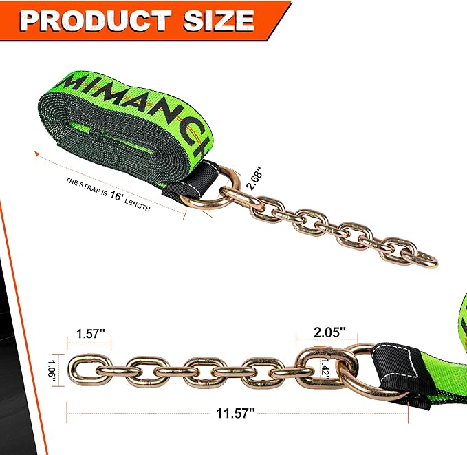2" x 16' Tie Down Strap with Chain Extension Ends,4pack,Car Trailer Tie Down Straps,Replacement Strap for 8 Point Roll Back Vehicle Tie Down Kit,Tow Truck Accessories