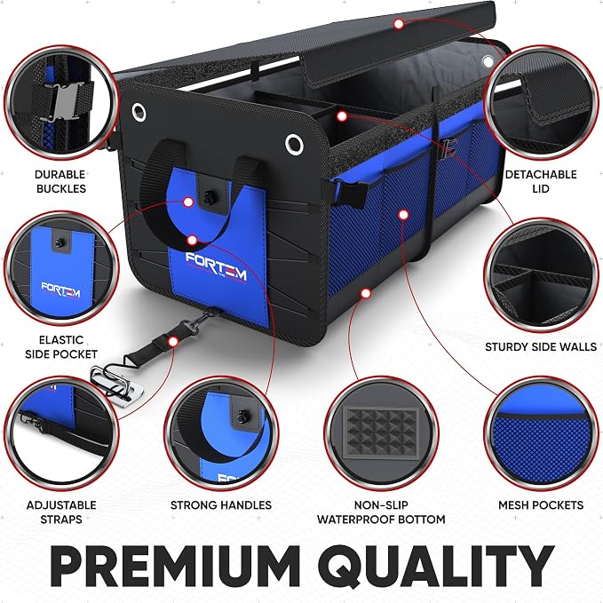 FORTEM Car Trunk Organizer (2 Compartment, Blue) + Large Windshield Sun Shade