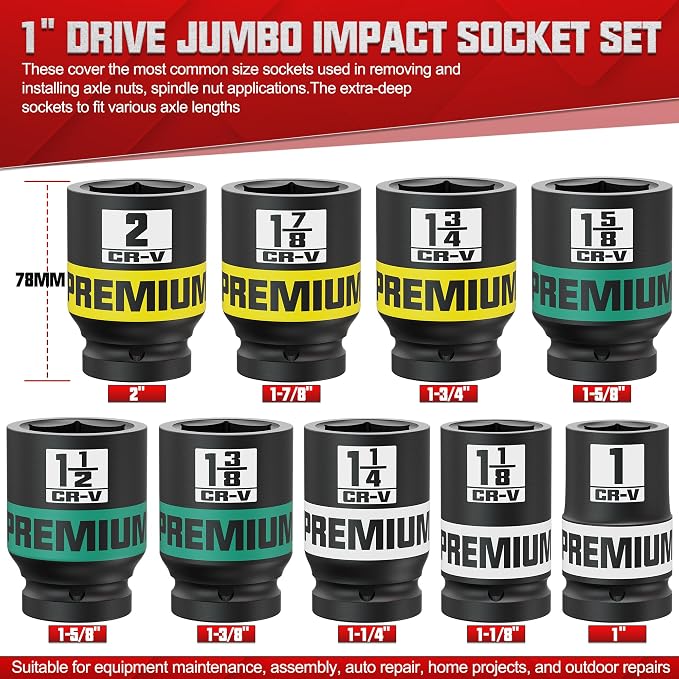 1" Drive Jumbo Impact Socket Set, SAE Axle Nut Sockets, 9-Piece (1-2 in.) Drive Deep Impact Socket Set, 6-Point, Cr-V Steel, Universal Hex Deep Socket Set with heavy Duty Storage Case