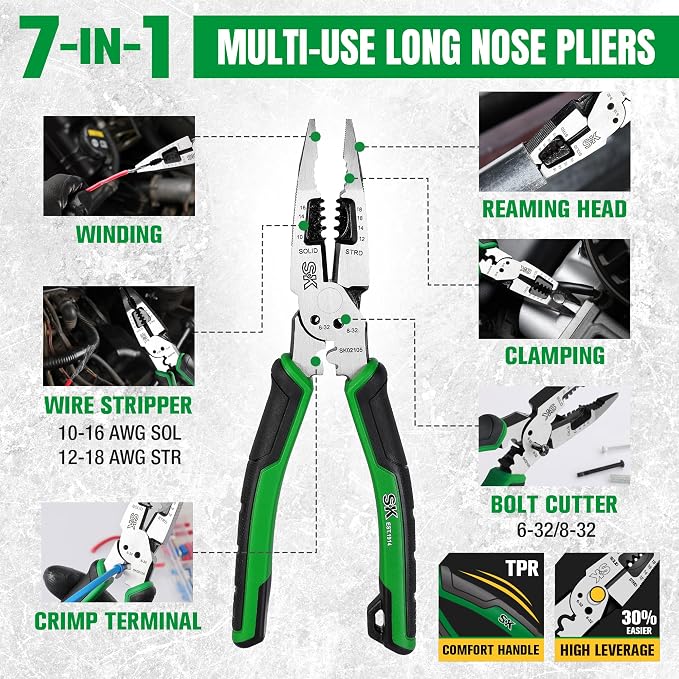 SK 3-Piece Multi-use Pliers Set, 7-Inch Diagonal Plier, 8-Inch Noodle Nose and Linesman Pliers, CR-V Construction, Anti-slip Handle, with EVA Foam Tool Organizer