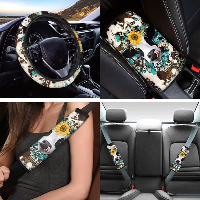 Cow Car Seat Covers Full Set,12Pcs,Sunflower Western Cow Car Seat Protectors,Universal Fit Front Back Seat Cushion/Seatbelt/Steering Wheel Cover/Anti Slip Coaster/Keychains for Cars SUV Truck