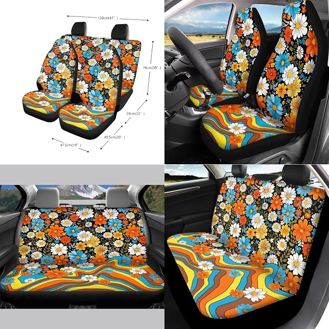 Car Accessories Car Seat Covers Full Set/Seatbelt Shoulder Pads/Coasters/Key Ring/Lipstick Holder for Women's Vehicle Decor(13 Pack), Colorful Hippie Floral Print