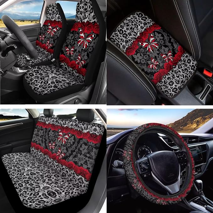 Butterfly Leopard Printed Auto Seat Cover Full Set with Steering Wheel Covers, 15 Pcs Car Front Rear Seat Covers Comfy Armrest Pad Coaster Universal Fit for Cars SUVs Trucks, Grey