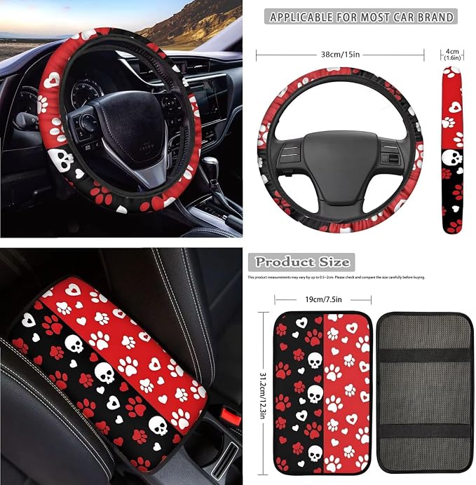 Dog Paw Print Car Seat Covers Set of 18 Skull Love Print Car Front Rear Seat Covers Headrest Protectors Steering Wheel Cover Safety Belt Pads for SUV Sedan, Easy to Install