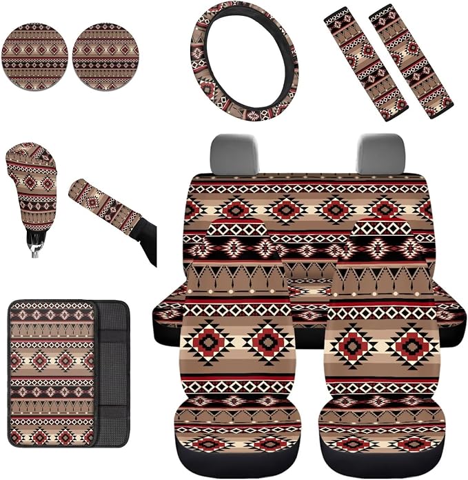 Dreaweet Native American Car Seat Covers Full Set Southwestern Aztec Navajo Seat Covers with Steering Wheel Cover/Armrest Cover/Seatbelt Covers/Car Coasters/Gear Shift Cover/Handbrake Cover