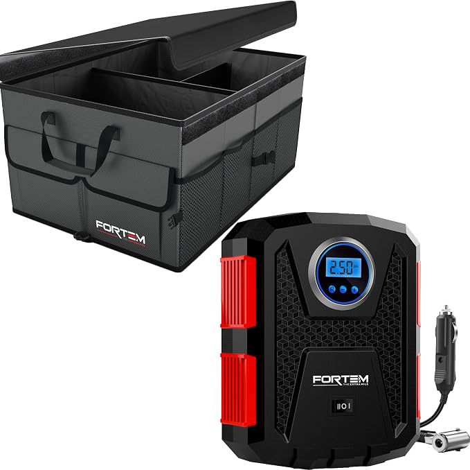 FORTEM Car Trunk Organizer (Grey, Standard) + Portable Tire Inflator
