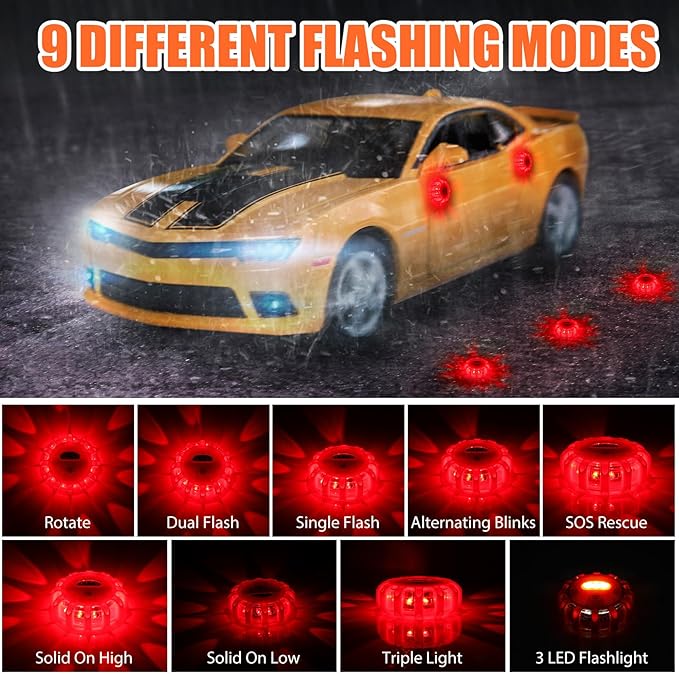 Tallew 4 Pack LED Road Emergency Roadside Lights Flashing Safety Warning Kit Beacon Magnet Hook Vehicle Boat Truck Disc Magnetic Flash Cars Security Driveway Automotive Strobe