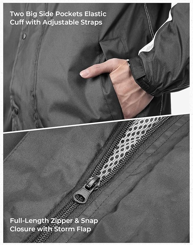 KEMIMOTO Rain Suit for Men, Motorcycle Rain Gear Waterproof Protective Rain Coat with Pants 2 Pieces Rainsuit Breathable Outdoor Fashion Black 2XL