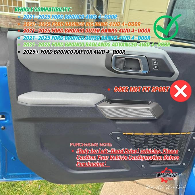 4-Door Handle Storage Compatible with 2026 2025 2024 2023 2022 2021 Ford Bronco Interior Accessories 4 Door Front Rear Grab Handle Pocket Organizer - ABS Plastic (Not for Bronco Sport)