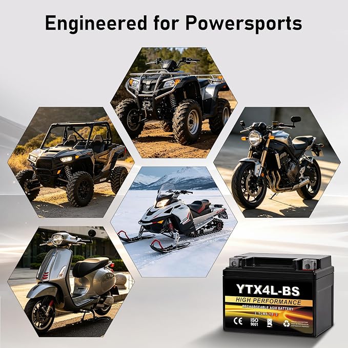 YTX4L-BS 12V 3Ah Sealed AGM Motorcycle Battery, Maintenance-Free, Compatible with Polaris Scrambler 90, Sportsman 90, Honda NQ50 Spree, Kawasaki KLX110, Yamaha TTR125E/LE, ATV & Scooter
