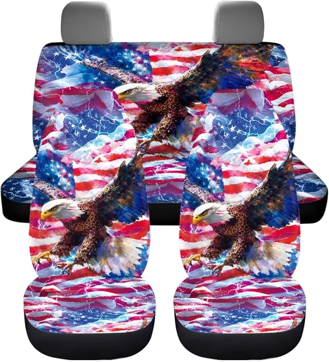 Gradient American Flag & Eagle 11-Piece Car Seat Cover Set with Steering Wheel Cover and Seatbelt Pad Covers, Universal Fit for Most Vehicles, 250th Anniversary Patriotic Auto Decor
