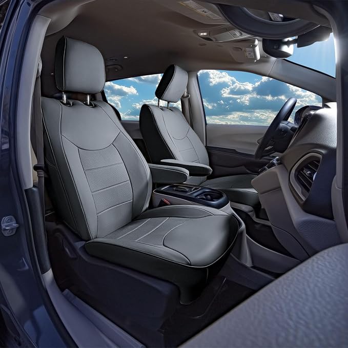 FH Group Custom Fit Car Seat Covers Specifically Made for Chrysler Pacifica 2021-2025 Front - Front Set (with DVD No Armrest), Faux Leather, Solid Gray