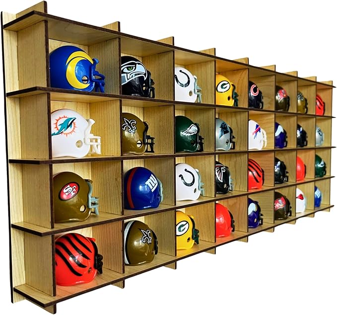 32 / 6 Color Mini Helmet Display Case,Mini Football Helmets,Football Helmet Display Case,Mini Football Helmet Organizer (Maple)