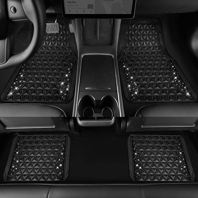 CAR PASS Bling Diamond Car Mats Rubber Floor Mats Full Set Anti-Slip 3D Rhombus Waterproof Trim to Fit Liner Universal Glitter Crystal Sparkly Shining Rhinestone Girl Women SUV Sedan, Black Diamond