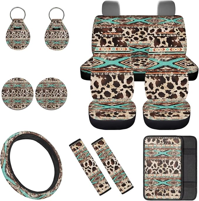 Brown Cow Print 12Pcs Car Seat Covers Full Set Car Seat Belt Cover Steering Wheel Cover Armrest Cushion Cup Coasters and Keychain Holder Suitable for Most Cars,SUV