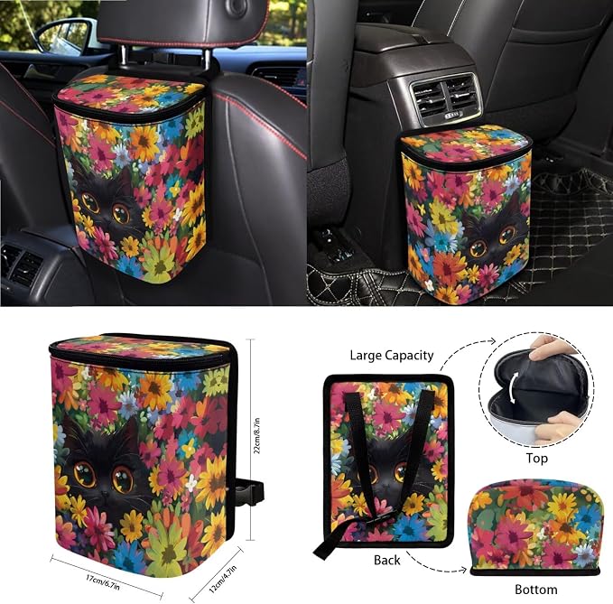 Flower Cat Print Automotive Seat Covers & Accessories Full Set, 15Pcs Car Interior Cover Set High Back Seat Covers Steering Wheel Cover Safety Belt Pads for Vehicle Truck Sedan