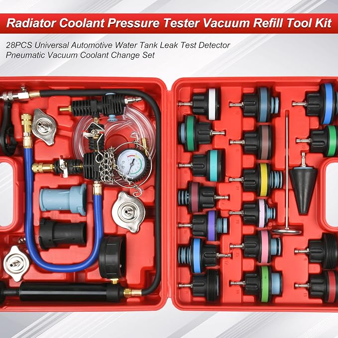 28PCS Universal Automotive Water Tank Leak Test Detector Pneumatic Vacuum Coolant Change Set，Radiator Coolant Pressure Tester Vacuum Refill Tool Kit (Red 2)