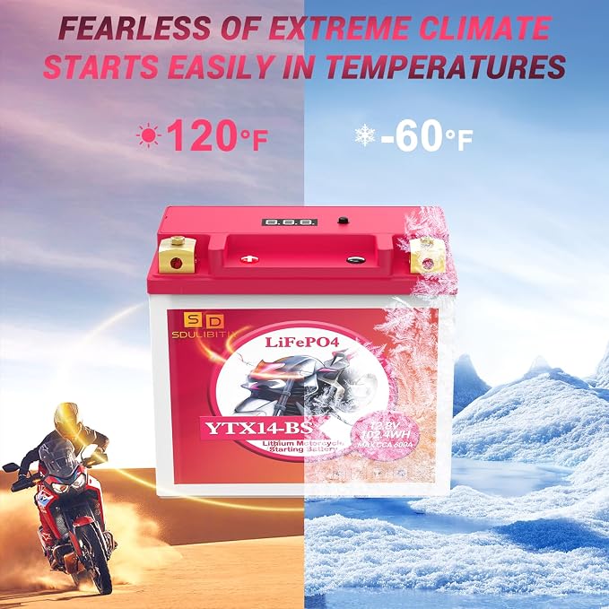 YTX14-BS Lithium Motorcycle Battery, ATV Battery 12V 8AH 600CCA Powersports LiFePO4 Engine Start Compatible ATV, UTV, Jet Ski, Quad, Lawn Mower, Tractor, Scooter, Generator