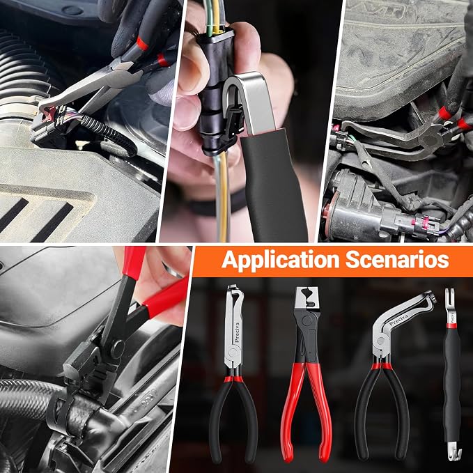 Preciva 5 Pcs Automotive Electrical Connector Disconnect Tool Kit,Wire Harness Release Pliers, Depin Tool & Hose Clamp Pliers Electric Plug Pliers for Cars, Automotive Wire Locking Push Tab