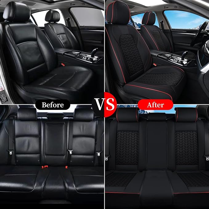 Coverado Seat Covers Full Set, Seat Covers for Cars, Car Seat Covers Winter, Breathable Faux Leather Car Seat Protector Car Seat Cushion, Black Car Seat Covers Universal Fit for Most Cars SUVs Trucks