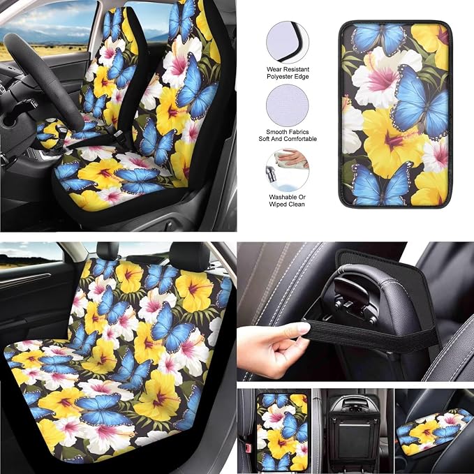 Hibiscus Seat Covers for Cars 13 Pcs, Blue Morpho Car Interior Accessories Auto Center Console Pad, Colorful Tropital Floral Butterfly Cover for Cars Interior Universal