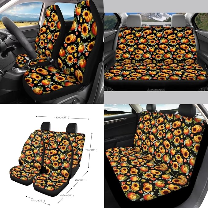 Sunflower Pumpkin Pattern Front and Back Seat Protector, Steering Wheel Cover Seat Belt Pads Trash Can Air Vent Storage Bag Keychain Thanksgiving Decor