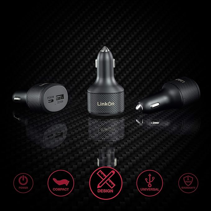 LinkOn 112W USB C Car Charger PD 3.0 (90W) PPS + USB A QC 3.0 (18W) – Fast Dual Port Car Adapter Compatible with MacBook, Dell, HP, iPad, iPhone 15/16, Galaxy S23/S24, Pixel, and More