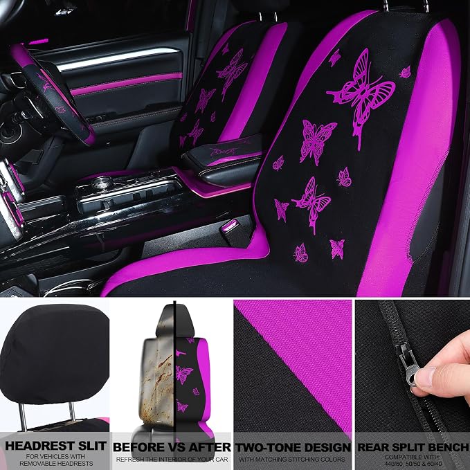 BBTO 47 Pcs Car Seat Full Set Car Accessories for Women 5 Front Rear Seat Covers Wrist Strap 2 Pieces Cup Mat Armrest Pad 2 Belt Cover Accessories for SUV(Purple Black)