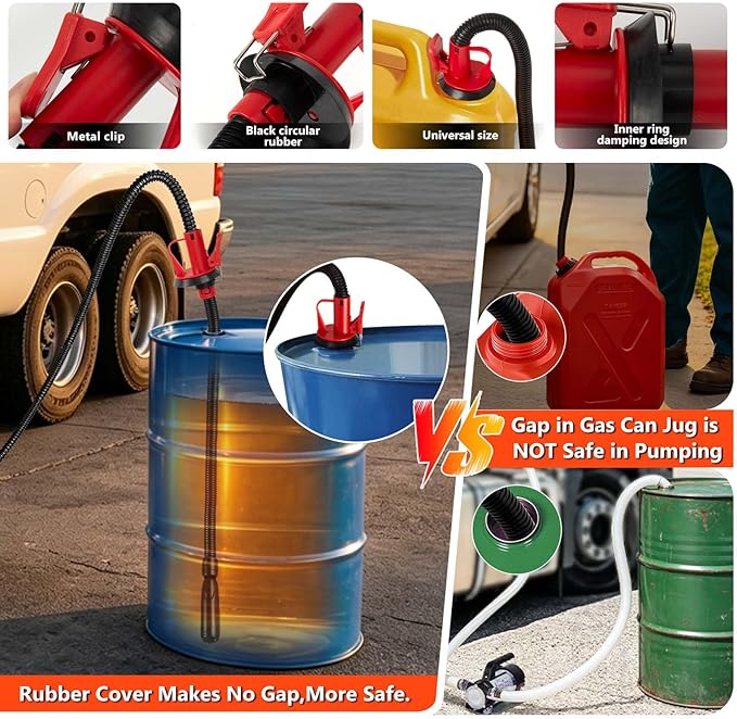 5GPM Fuel Transfer Pump with Auto-Stop & Hand Nozzle, 118'' pumping lift, fit different jug size and depth barrels,no adapters needed,portable gas pump,barrel pump for Gasoline, Diesel, Kerosene