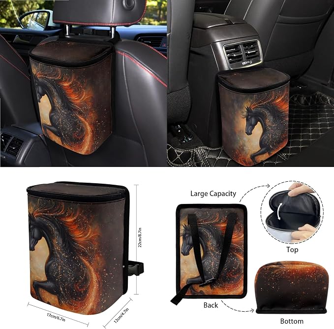 Horse Flame Print Car Accessories Full Set of 15 Car Seat Covers Seatbelt Strap Covers Steering Wheel Cover Air Vent Storage Bag Rearview Mirror Cover Cup Holder Key Chain Car Decor