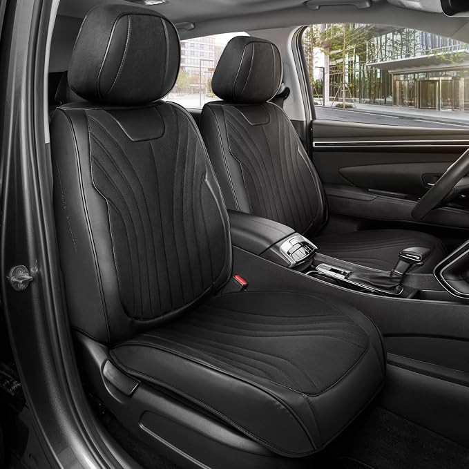 MotorBox Haven Series Suede Edition Seat Covers for Cars, Front Seat Covers, Two-Tone Suede Style and PU Leather Black Car Seat Covers for Cars Trucks SUVs, Front Seats Only