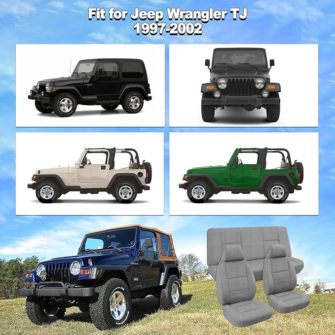 Custom Seat Covers for Jeep Wrangler TJ 1997 1998 1999 2000 2001 2002 Heavy Duty Cloth Protector Interior Accessories，Waterproof & Machine Washable, Foam Padded - Gray（Front & Rear）