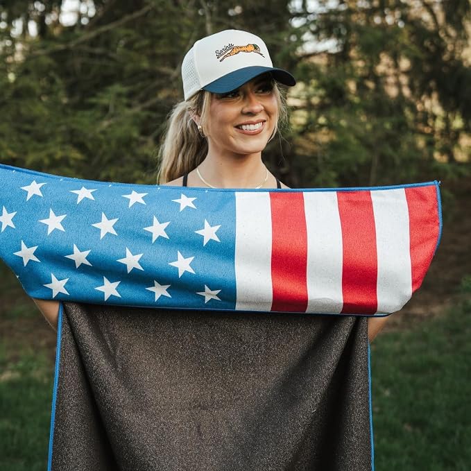 Sprints Athletic Running Towel, Full-Sized, Car Seat Cover - Performance Microfiber (American Flag w/Snaps)