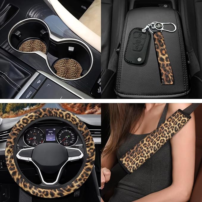 Brown Leopard Print 11 Pack Car Seat Covers Full Set Car Front Seat Cover Auto Seat Belt Cover Rear View Mirror Cover Steering Wheel Cover for Car SUV Seat Protector