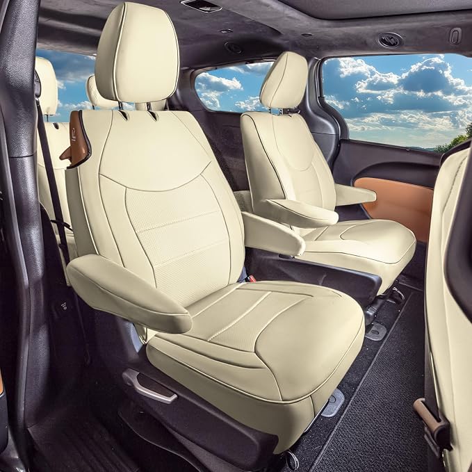 FH Group Custom Fit Car Seat Cover Specefically Made for Chrysler Pacifica 2017-2024 - 2nd Row Set Hybrid, Faux Leather, Solid Beige