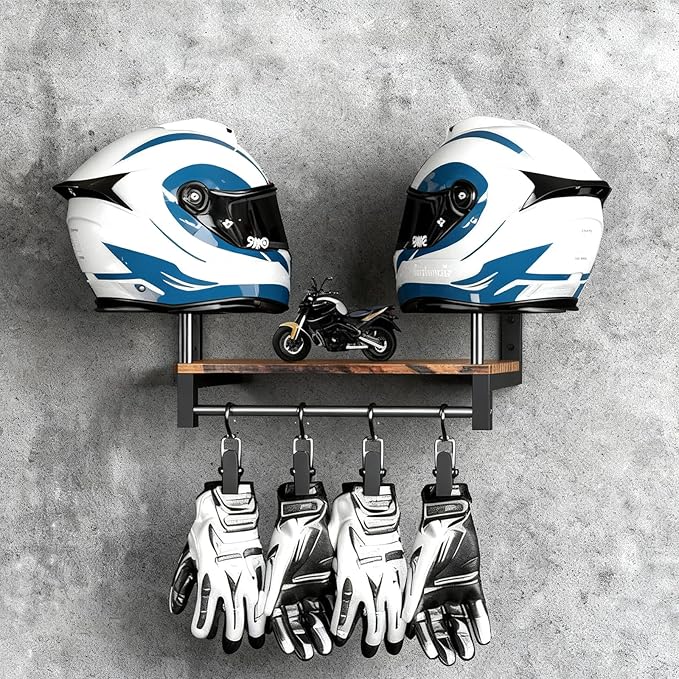 Motorcycle Helmet Holder Wall Mount, Helmet Rack with 2 Hat Stands and Glove Chips, Space-Saving Motorcycle Accessories Display for Garage, Bedroom, or Entryway