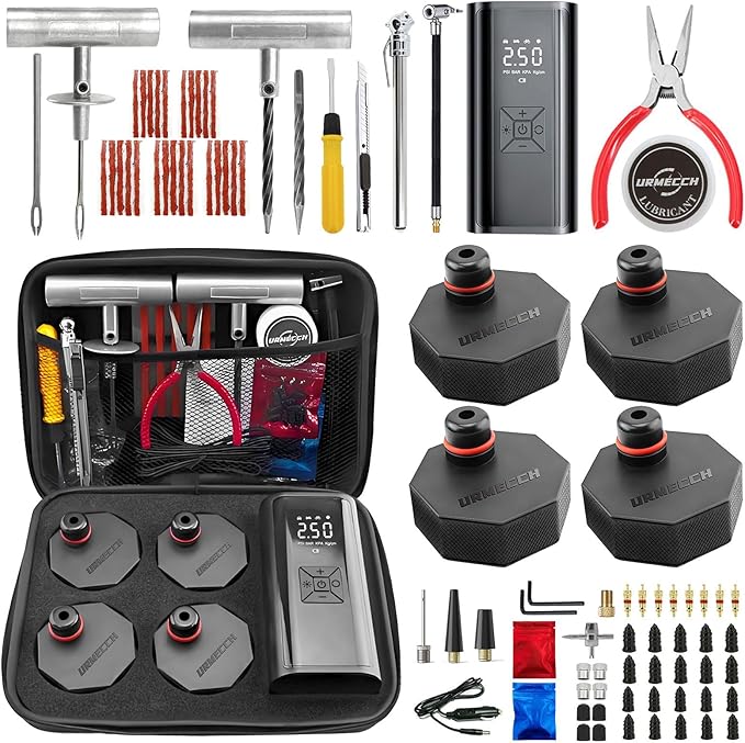 4PCS Lifting Jack Pads with Tire Repair Kit & Digital Tire Inflator Pump Air Compressor - Rubber Floor Jack Pucks Adapter Compatible with Ford Mustang Mach-E, Heavy Duty Car Tire Puncture Repair Tool