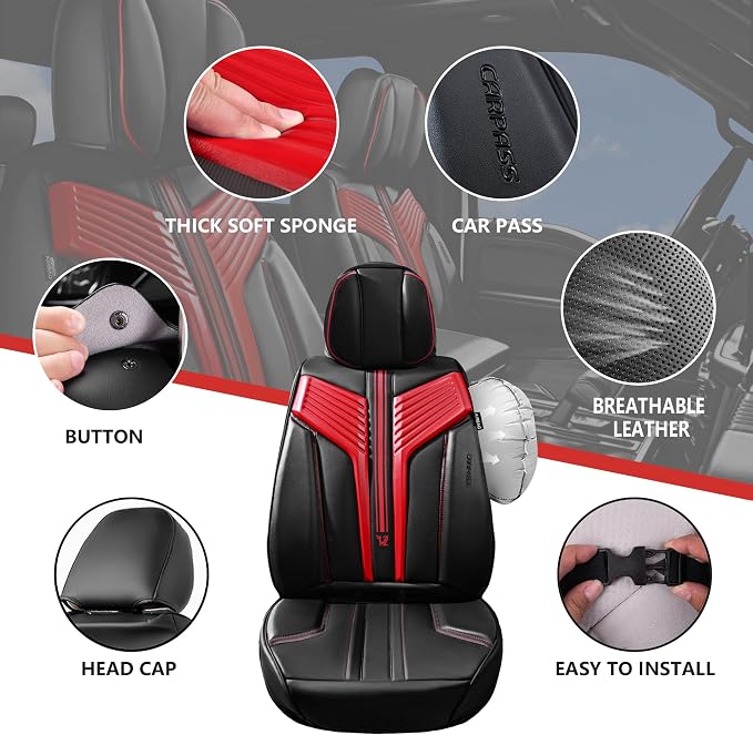 CAR PASS Nappa Leather Seat Covers, Breathable Waterproof Car Seat Covers Full Set, Luxury Leather Front and Back Seats Full Coverage, Universal Fit SUV Pick-up Truck Sedan Automotive(Black Red)