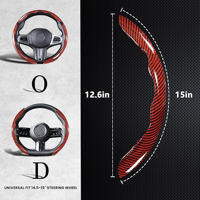 Carbon Fiber Steering Wheel Covers 3 Piece Clip on Steering Wheel Cover (Red)