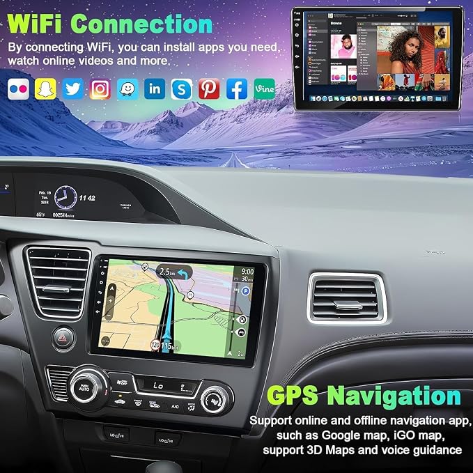 4G+64G Car Radio for Honda Civic 2013-2017(Only US Version) with Wireless Carpaly & Android Auto,9 Inch IPS Touch Screen Car Stereo with GPS Navigation/Bluetooth 5.2/FM/Backup Camera/WiFi/SWC/HiFi
