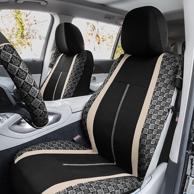 We Are Young Life is Fun™ Checker Car Seat Covers Universal Fit Interior Accessories Full Set Beige Seat Cover Combo Steering Wheel Cover and Seat Belt Pads, Airbag and Split Rear Car Seat Covers