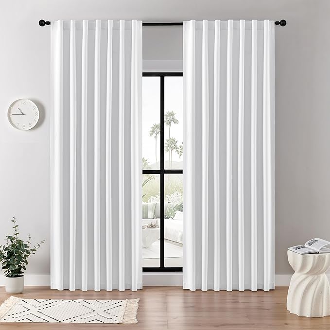 Joydeco Faux Linen Blackout Curtains for Bedroom,White Blackout Curtains 84 inches Long,100% Blackout Solid Thermal Insulated Window Drapes Luxury Decor for Living Room（W52xL84 Inch,White）